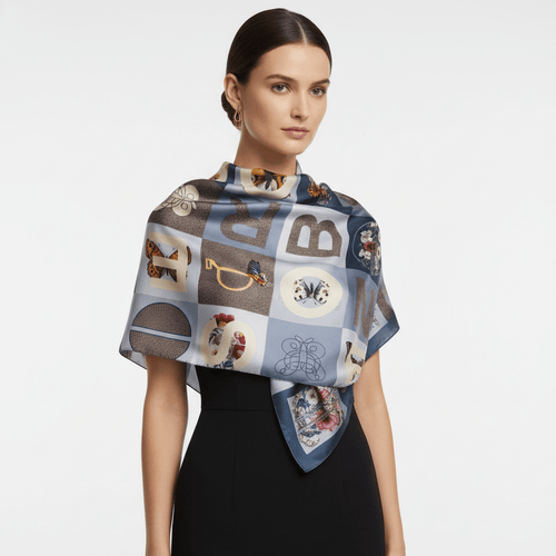 Borbonese Foulard 90x90 Celeste/Blu/Op Naturale - STANGA Pelletteria